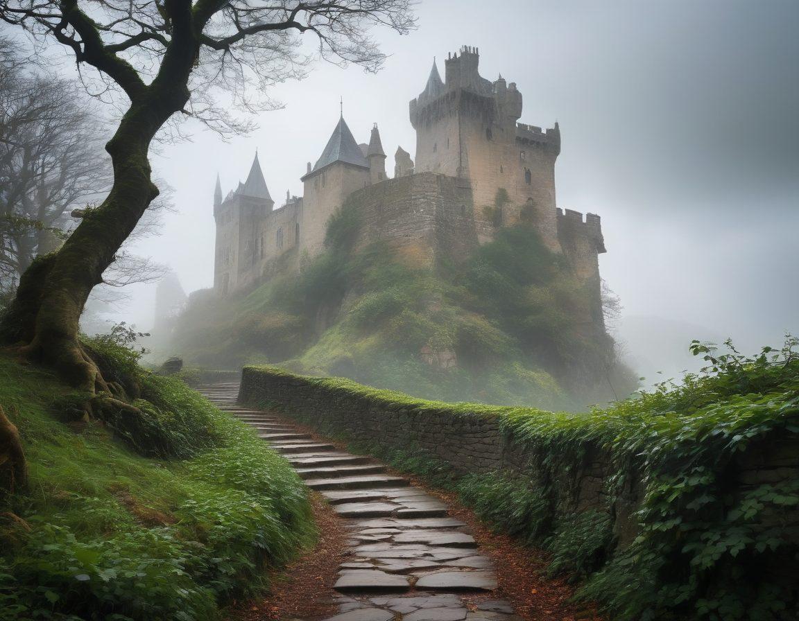 A stunning medieval castle perched on a misty hill, surrounded by gnarled trees and an overcast sky, exuding an aura of melancholy. The architecture should highlight intricate stonework and ivy creeping up the walls. A faint sunlight breaks through the clouds, casting ethereal shadows. In the foreground, a winding path leads to the castle, hinting at untold stories. Aim for a moody and atmospheric painting style.