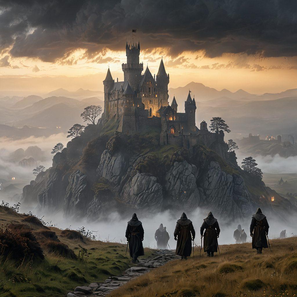 A hauntingly beautiful castle perched atop a misty hill, with wisps of fog swirling around its ancient stones. In the foreground, shadowy figures of pilgrims wander, each deep in thought, dressed in reflective attire reminiscent of medieval times. A soft golden light filters through stormy clouds, illuminating the castle, while melancholic whispers of history echo in the air. The scene evokes deep emotion and a sense of discovery. super-realistic. dark and moody colors. 3D.