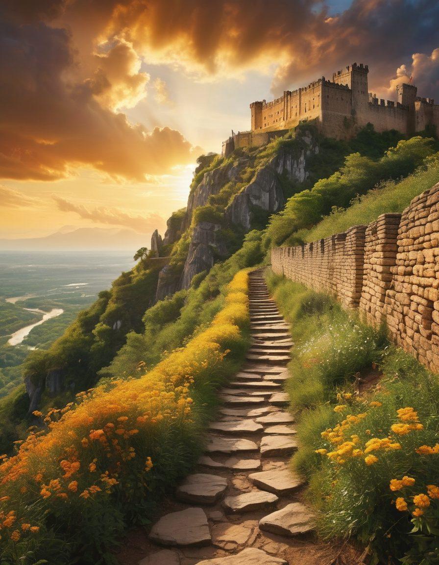 A majestic ancient fortress rising atop a rocky hill, surrounded by dramatic clouds that shift from dark and ominous to bright and radiant. The landscape transitions from desolate and shadowy to lush and vibrant, symbolizing the journey from gloom to glory. Include a winding path leading to the fortress, with figures representing explorers and travelers. The sky should reflect hope and transformation, bathed in golden sunlight. super-realistic. vibrant colors. atmospheric.